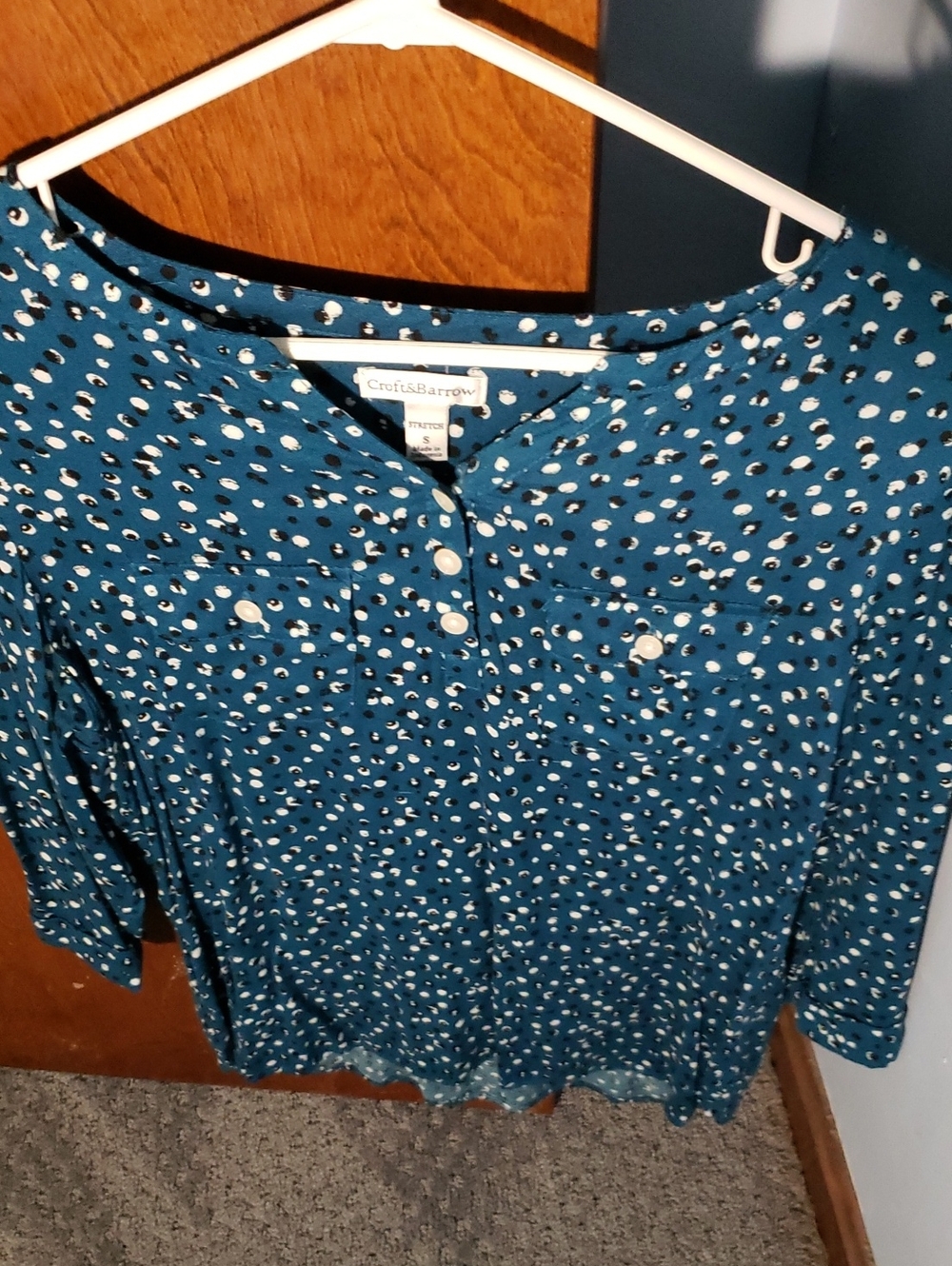 croft & barrow Teal Dot-Print Henley Blouse